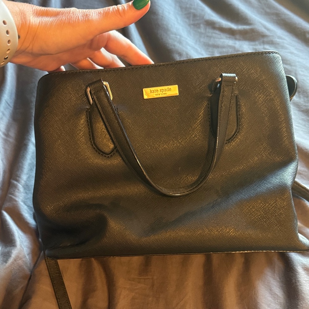 kate spade black leather satchel with gold plaque